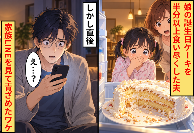 娘の誕生日ケーキを【半分以上】食い尽くした夫！？しかし直後⇒「え…？」家族LINEを見た夫が青ざめたワケ
