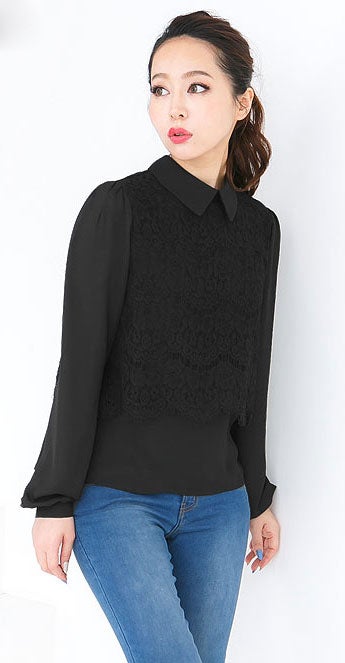 襟付きレースドッキングシフォン長袖ブラウストップス「神戸レタス」2790円（税込）／画像提供：神戸レタス