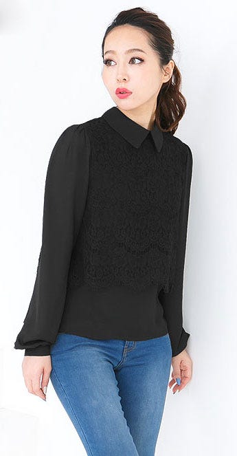 襟付きレースドッキングシフォン長袖ブラウストップス「神戸レタス」2790円(税込)/画像提供:神戸レタス