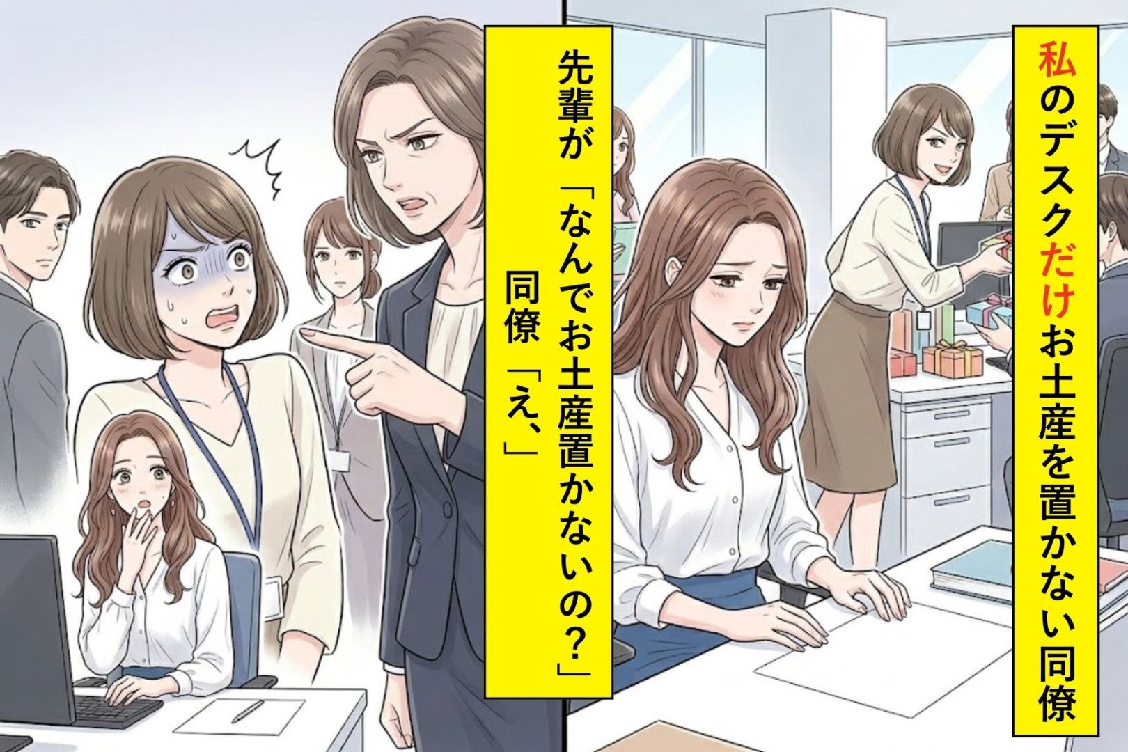 私のデスクだけお土産を置かない同僚⇒先輩が「なんでお土産置かないの？」同僚「え、」