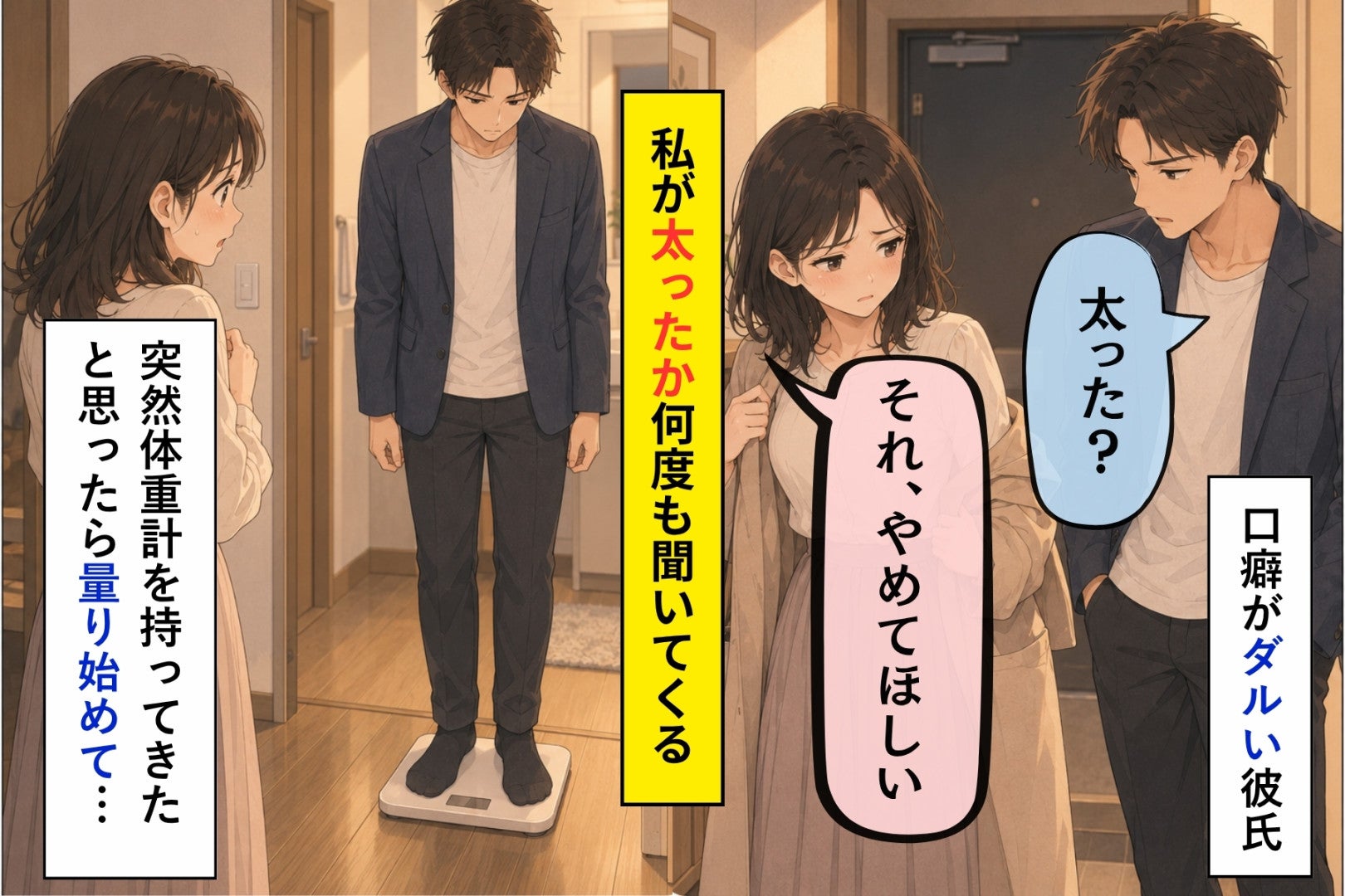 ３年間「太った？」と聞き続けた彼。やめてと頼んだ日、体重計に乗ったのは私ではなかった
