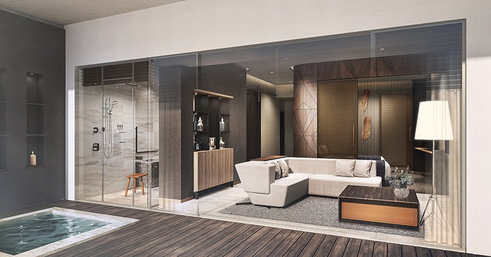 源泉かけ流しの客室露天風呂または、ビューバス付き／画像提供：常磐興産