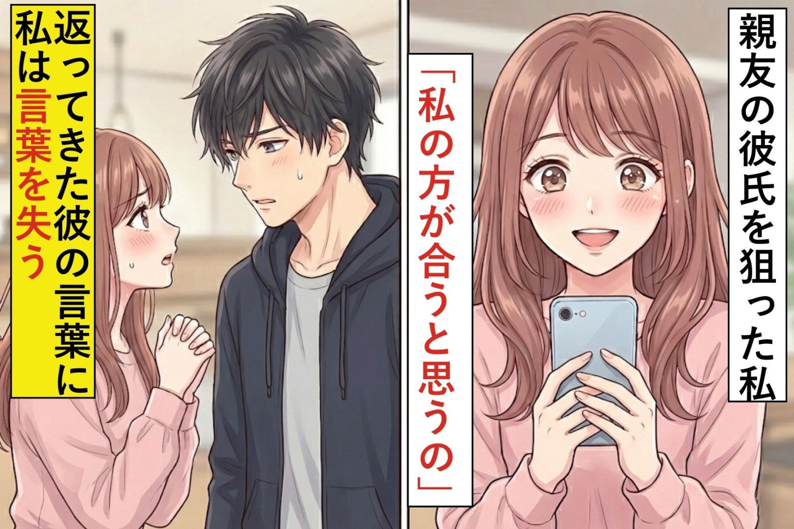 親友の彼氏を狙った私「彼女より私の方が合うと思うの」→返ってきた彼の言葉に私は言葉を失う