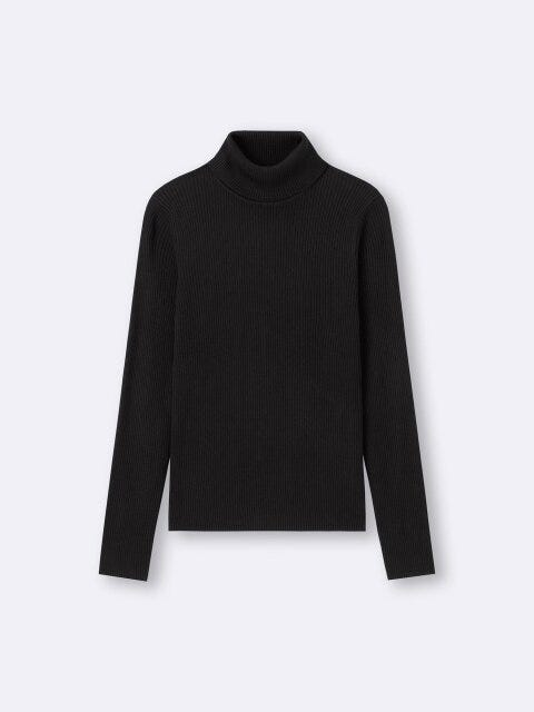 2025gu大人女性おすすめ黒リブタートルネックセーター