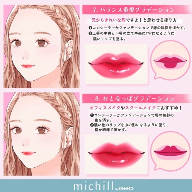 垢抜けリップメイク　2023年っぽ　トレンド　8選　Pyom　イラスト　バランス重視グラデーション　おとなっぽグラデーション