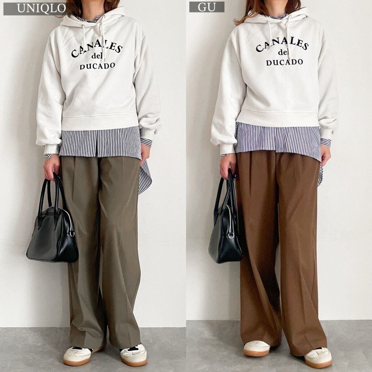 ユニクロGUタックワイドパンツとロゴパーカコーデ