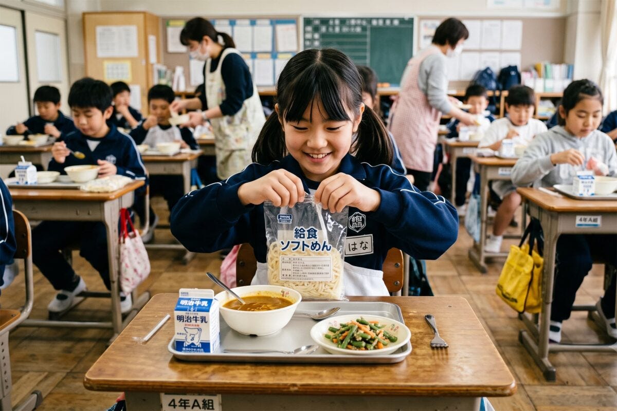 学校給食でソフトめんの袋を破くイメージ