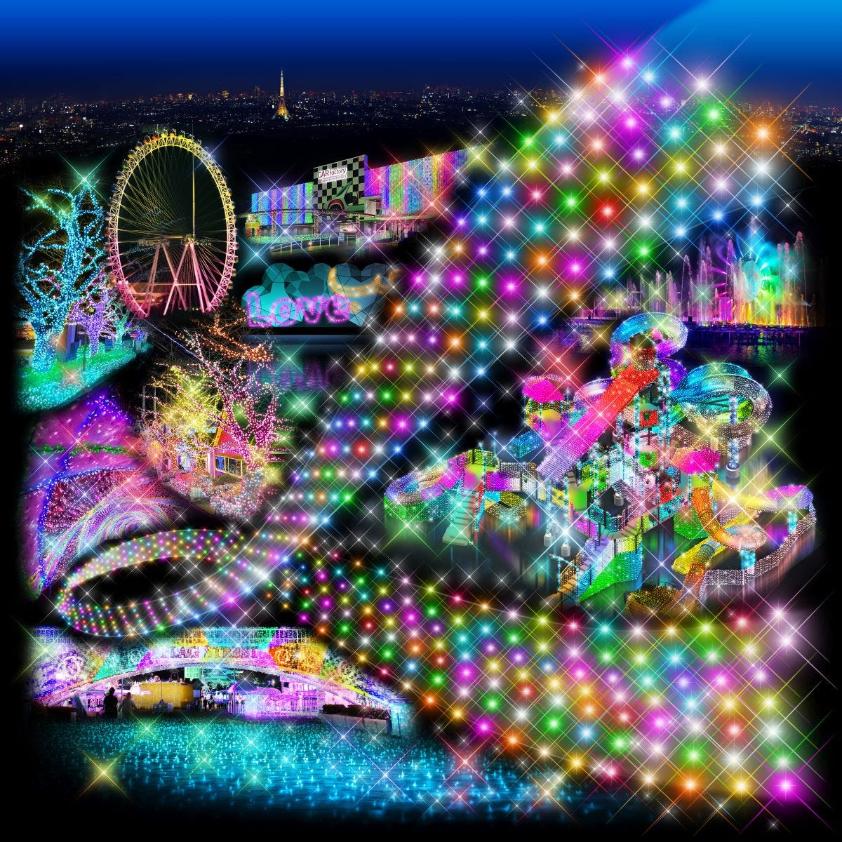 よみうりランドジュエルミネーション2023、「愛」イメージの宝石色イルミ×東京のパノラマ夜景