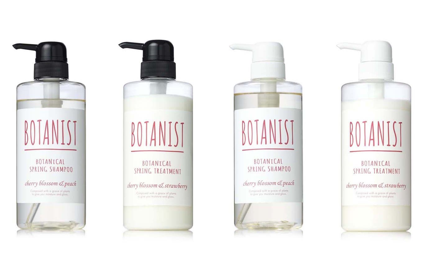 シャンプーが「チェリーブロッサムとピーチの香り」、トリートメントは「チェリーブロッサムとストロベリーの香り」