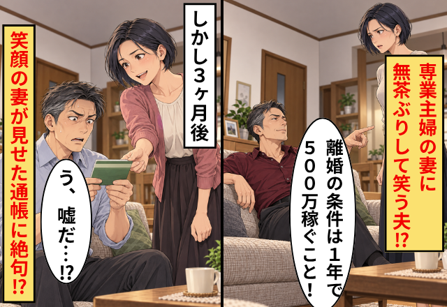 「離婚の条件は“1年で500万”稼ぐこと！」専業主婦の妻に無茶ぶり！？しかし3ヶ月後⇒笑顔の妻が見せた通帳に「嘘だ…」