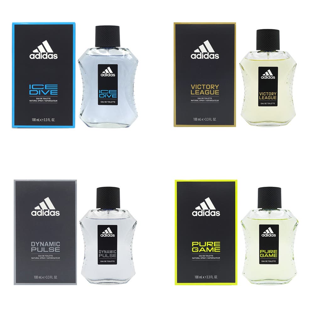(左上から)【アディダス】アイス ダイブ オードトワレ、【アディダス】ヴィクトリー リーグ オードトワレ(左下から)【アディダス】ダイナミック パルス オードトワレ、【アディダス】ピュア ゲーム オードトワレ