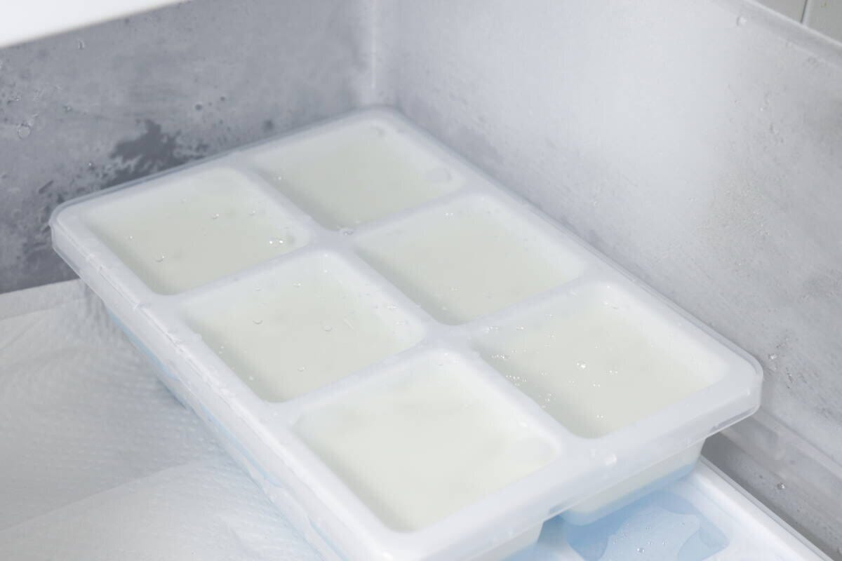 牛乳を注ぎ入れた製氷皿が冷凍庫の棚に置かれている