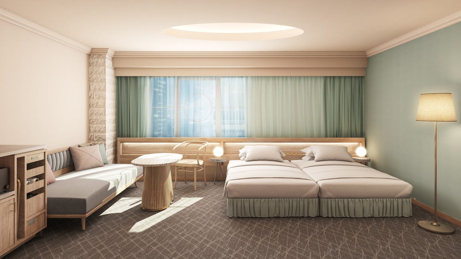 東京池袋「ホテルヒソカ」ダスティカラーがお洒落な客室全てに大型バス&サウナ付