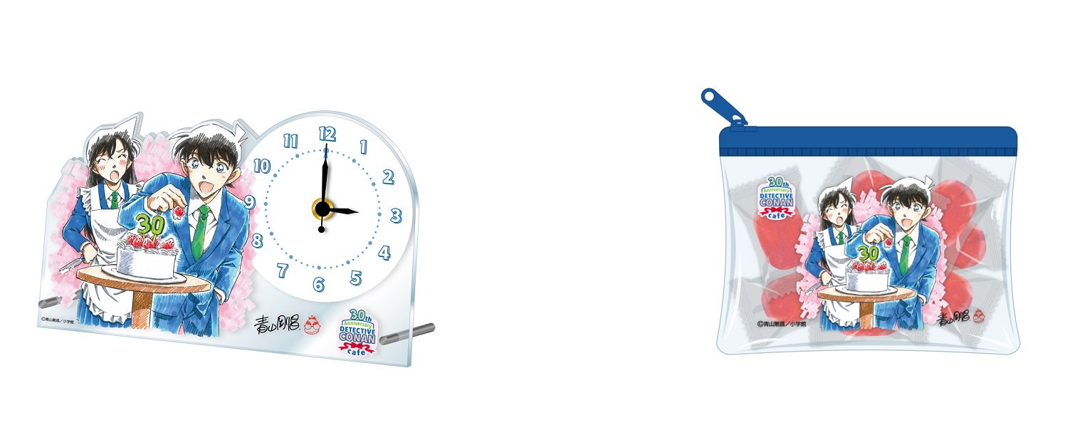 アクリル時計、キャンディ入りミニポーチ「名探偵コナン 連載30周年記念カフェ」（C）青山剛昌／小学館