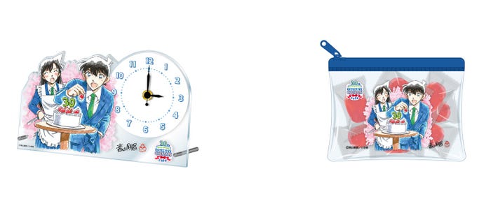 アクリル時計、キャンディ入りミニポーチ「名探偵コナン 連載30周年記念カフェ」(C)青山剛昌/小学館