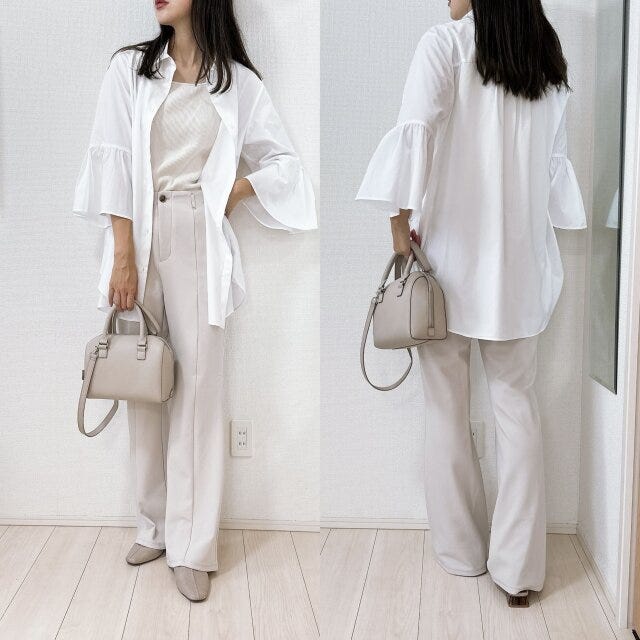 GU　フレアスリーブロングシャツ　ホワイト　ワントーン　コーデ