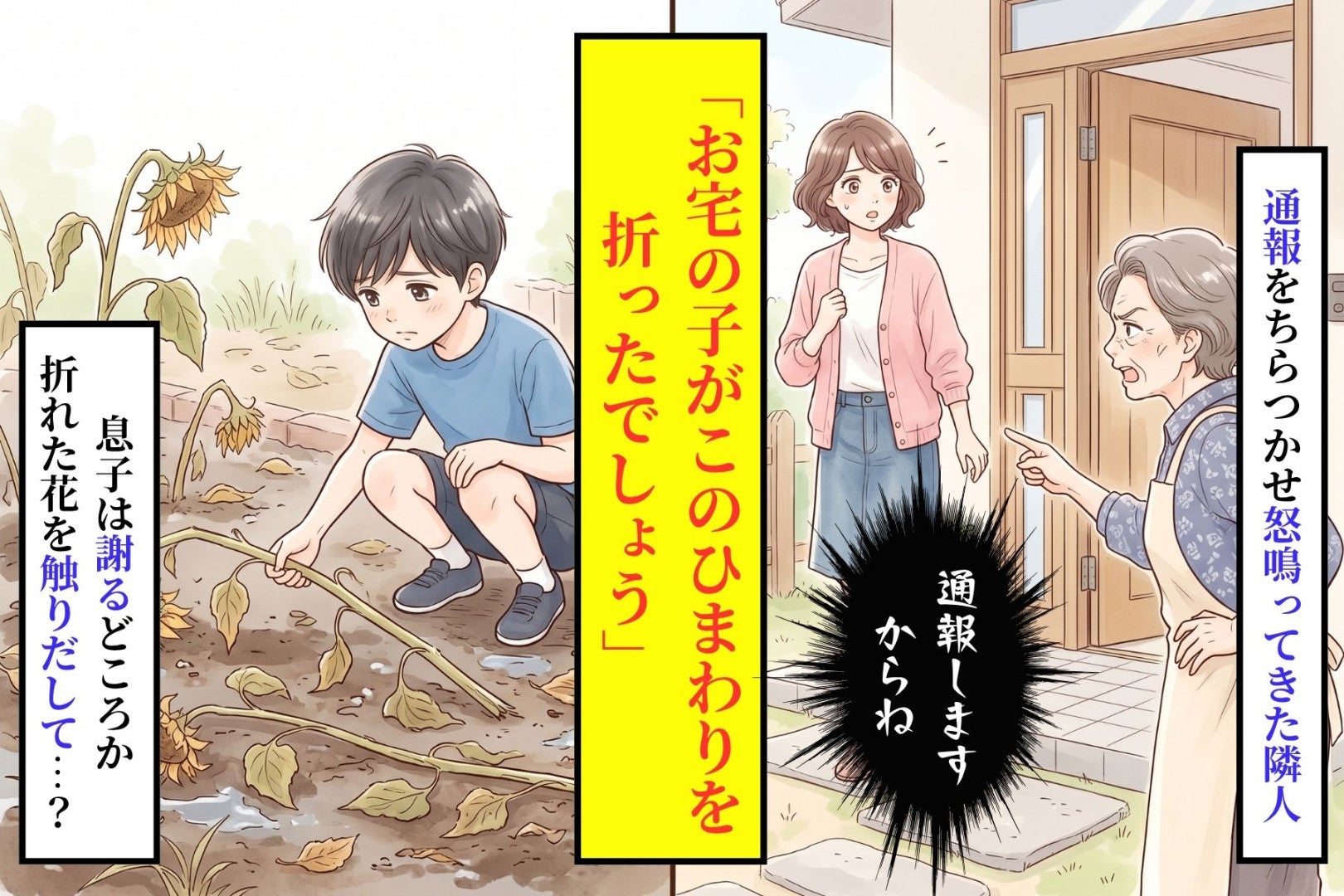 「お宅の子がこのひまわりを折った」と通報をちらつかせ怒鳴ってきた60代の隣人、小学生の息子に論破される