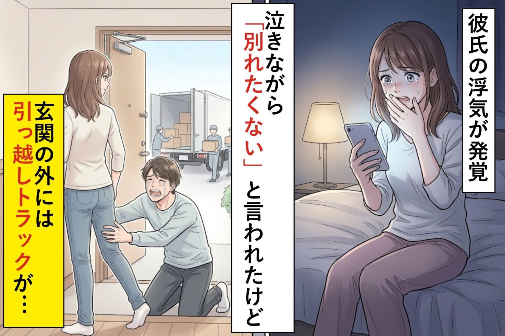 彼氏の浮気が発覚。泣きながら「別れたくない」と言われたけど、玄関の外には引っ越しトラックが待っていて...