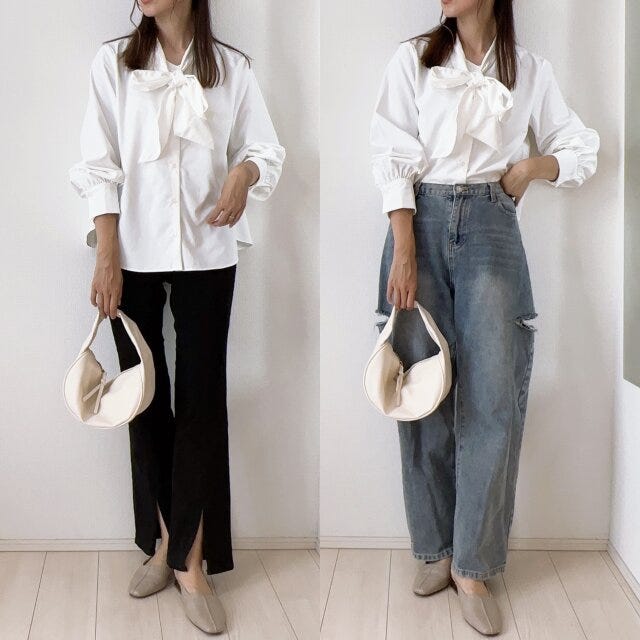 ビッグボウタイブラウス　ワイドデニム　コーデ