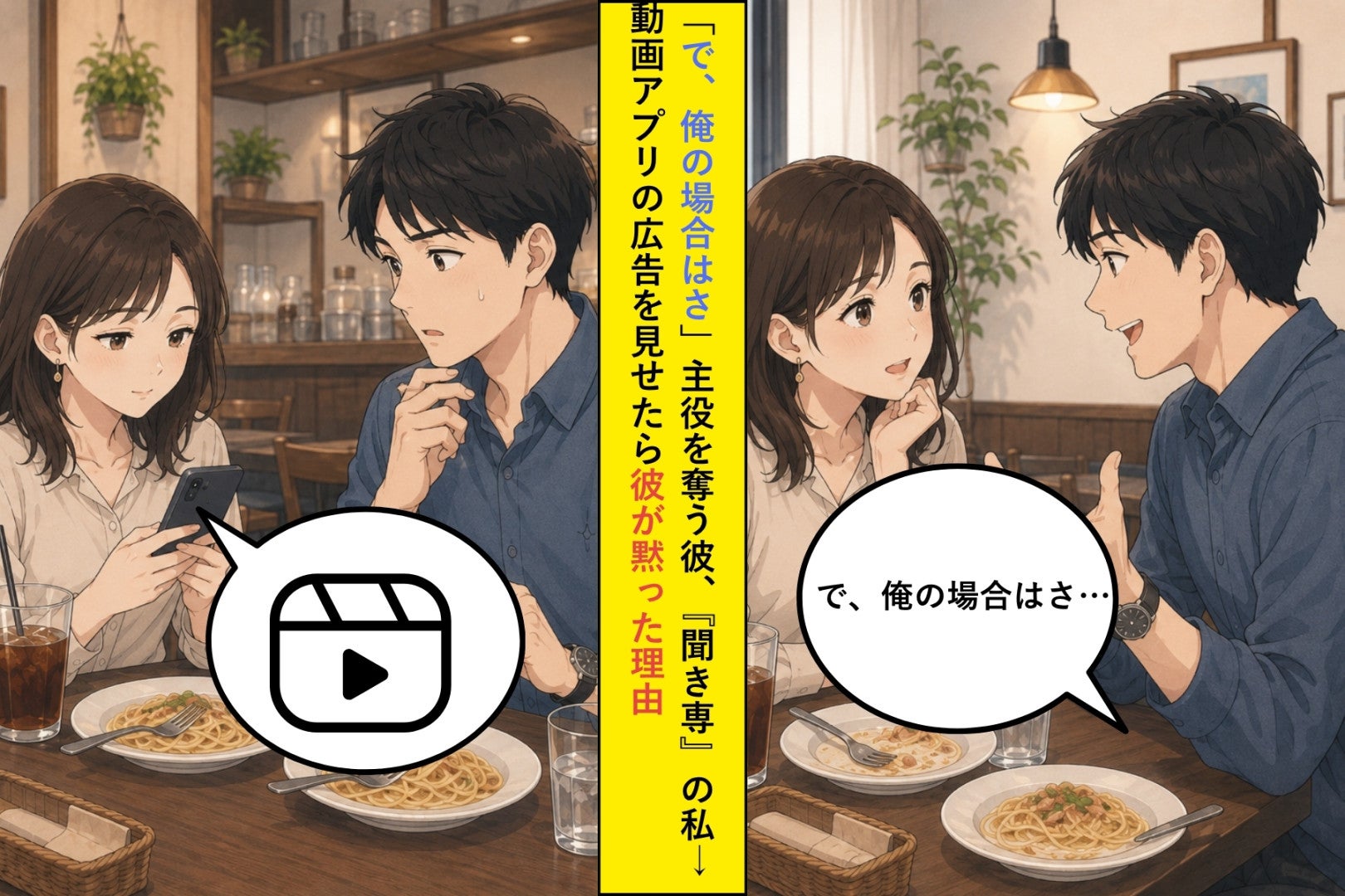「で、俺の場合はさ」主役を奪う彼、『聞き専』の私→動画アプリの広告を見せたら彼が黙った理由