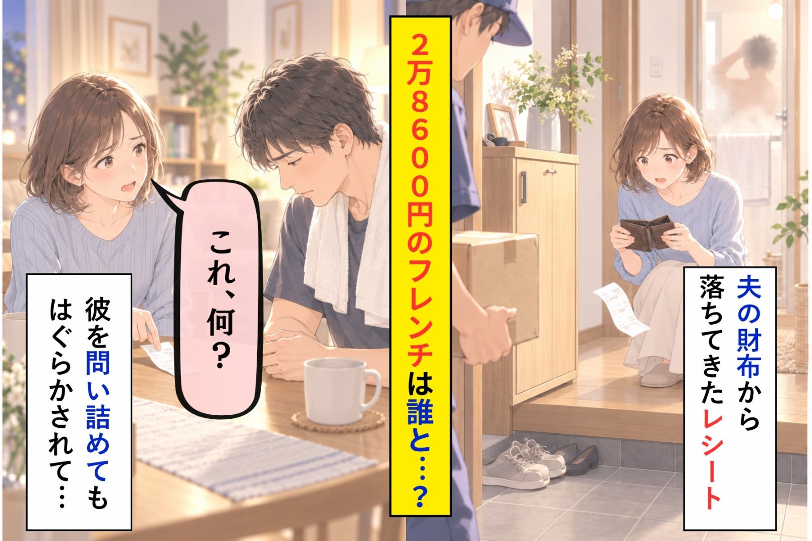 「今月も小遣い足りないんだよな」と嘆く夫。財布から落ちたのは、高級フレンチ２名分の領収書でした