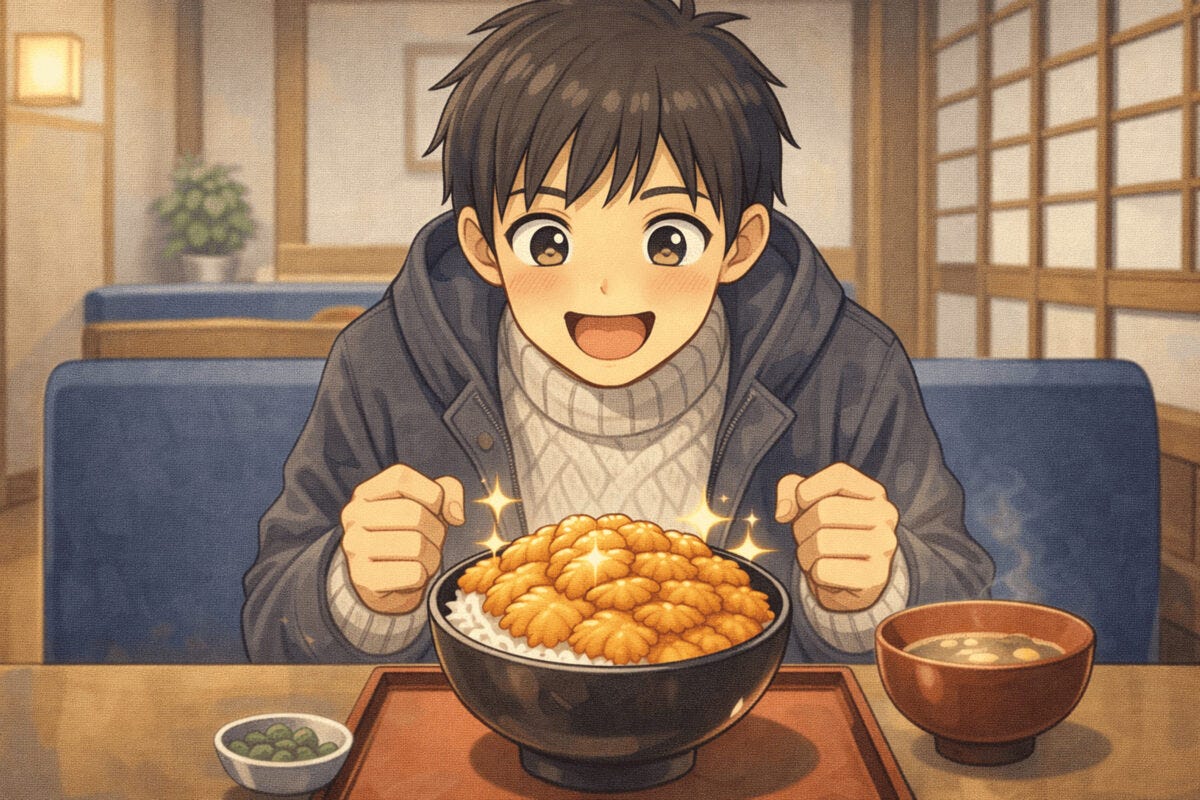 ウニ丼に歓喜する男性のイメージ