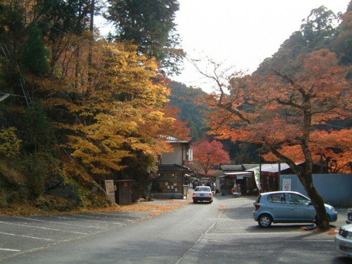 槙尾から高雄へ歩く道の紅葉・黄葉。この先に高雄・神護寺への参道が待っています（2002年11月22日撮影）