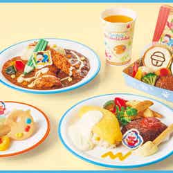 左上:ドラえもんのわくわく! チョコ&ぶどうパフェ 上真ん中:のび太のらくがき?! ダブルカレープレート 右上:ドラえもんたちといっしょにお絵かき!キッズプレート 左下:ドラえもんのカラフルペイント・レアチーズケーキ 右下:絵かきドラえもんのふわとろオムレツ&ハンバーグプレート/画像提供:ユニバーサル・スタジオ・ジャパン