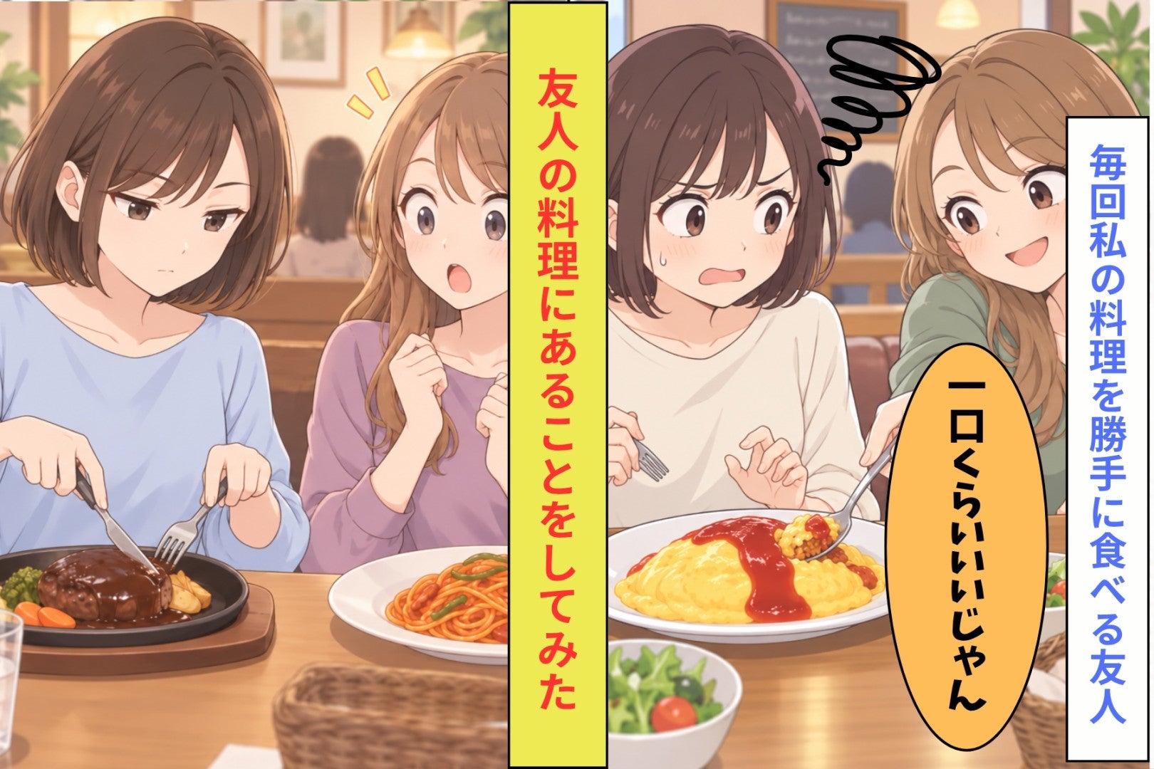 「一口くらいいいじゃん」毎回私の料理を勝手に食べる友人→次の食事で私は友人の料理にあることをしてみた