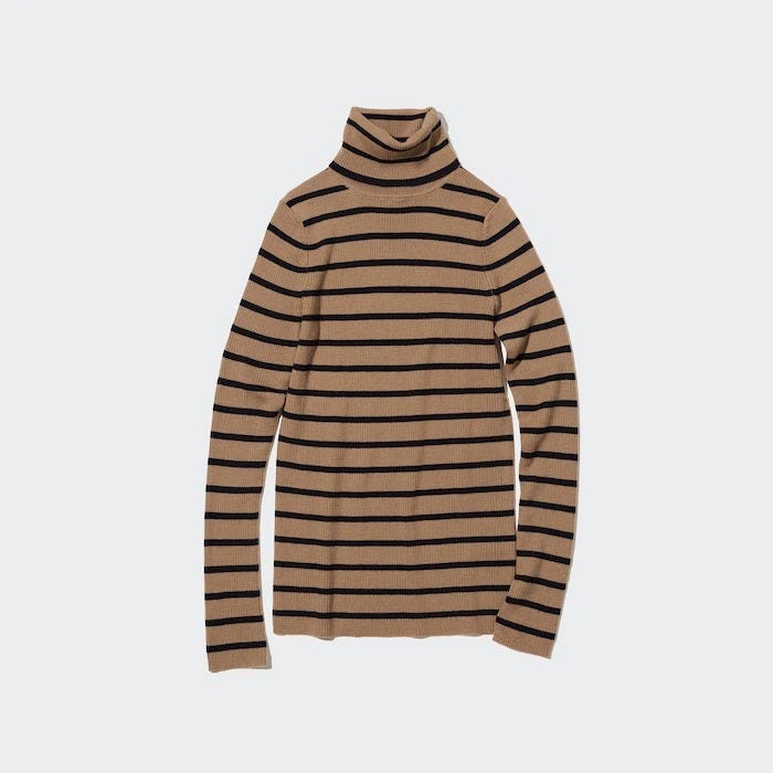 ユニクロ　uniqlo　レディース　おすすめ　オススメ　コスパ　2023　冬　ニット　ボーダーニット　エクストラファインメリノリブタートルネックセーター　ボーダー