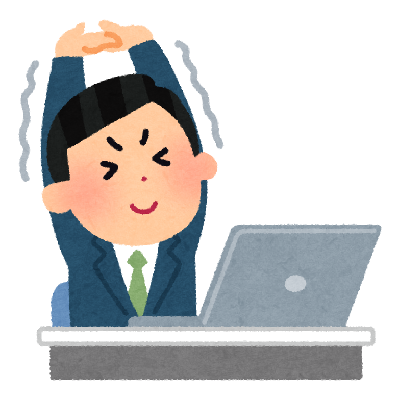 仕事中に伸びをする会社員のイラスト(男性)