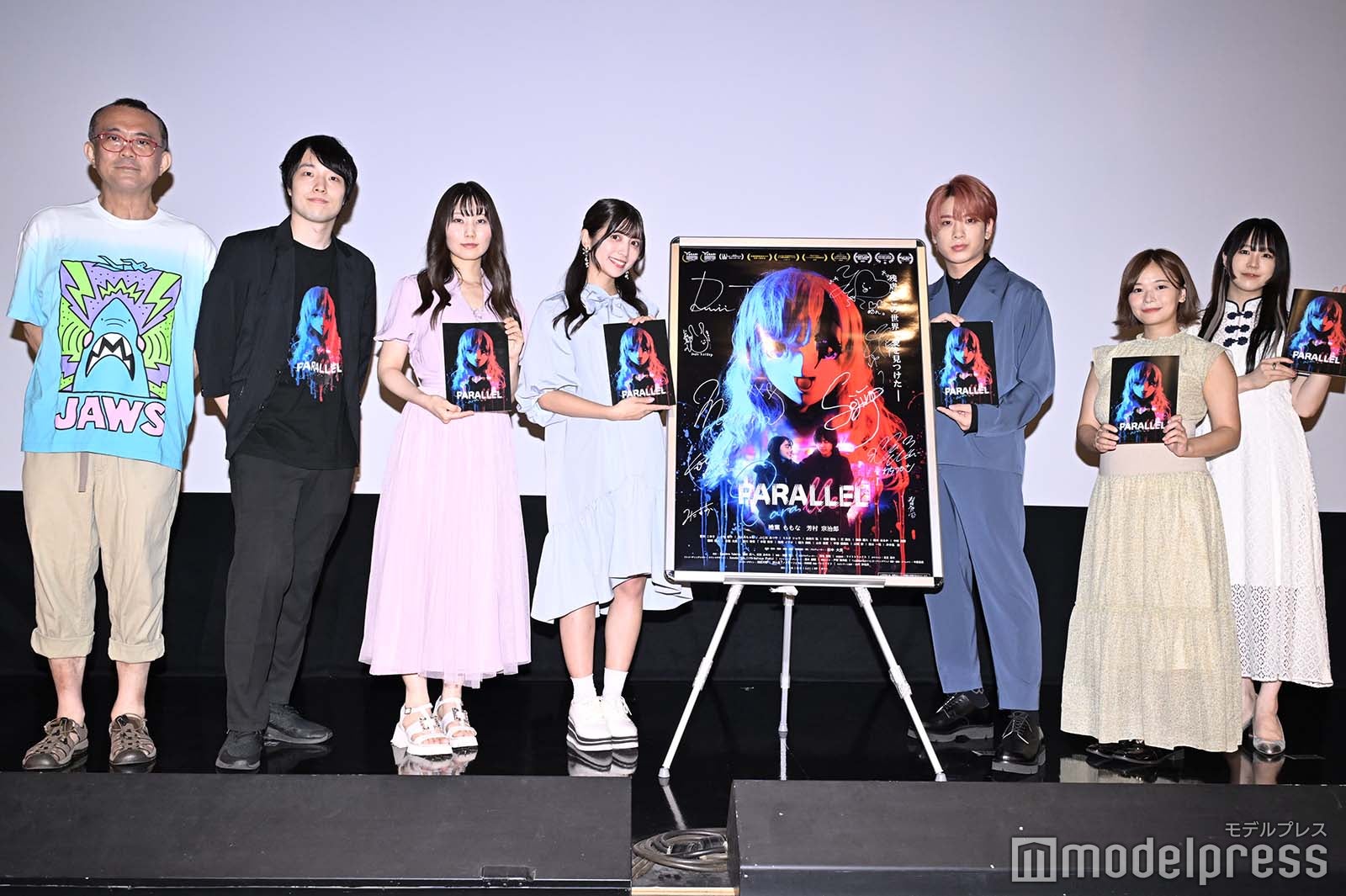 （左から）松崎まこと（MC）、田中大貴監督、千歳ゆう、ゆん、本田康祐、和地つかさ、三田麻央（C）モデルプレス