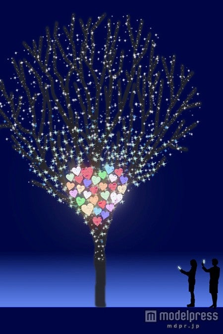 スマートフォンでアクセスすると、けやき坂のイルミネーションの一部がインタラクティブに変化し自分好みにカラーチェンジする／画像提供：森ビル