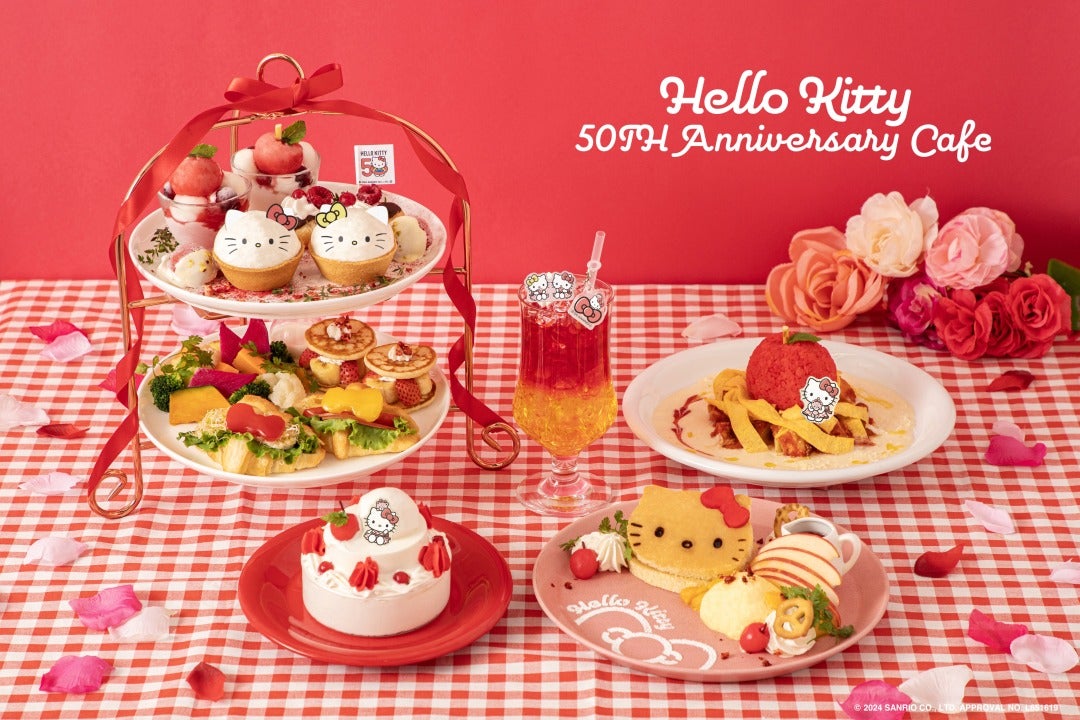 「ハローキティ50周年記念カフェ」東名阪で開催、キティ＆ミミィのアフヌンやケーキ風パフェ