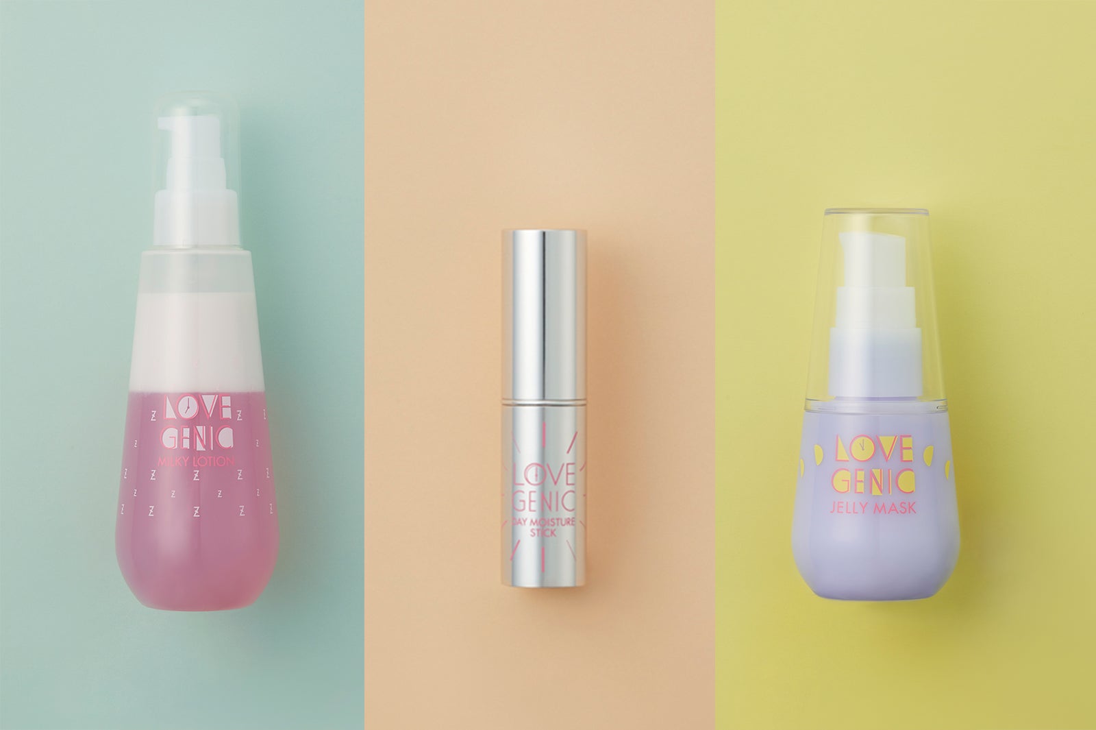 （左から）ミルキーローション、デイ モイスチュア スティック、ジェリーマスク