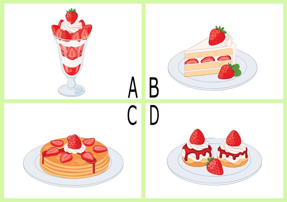 A〜D4種のイチゴスイーツ（パフェ・ショートケーキ・パンケーキ・シュークリーム）の選択肢イラスト