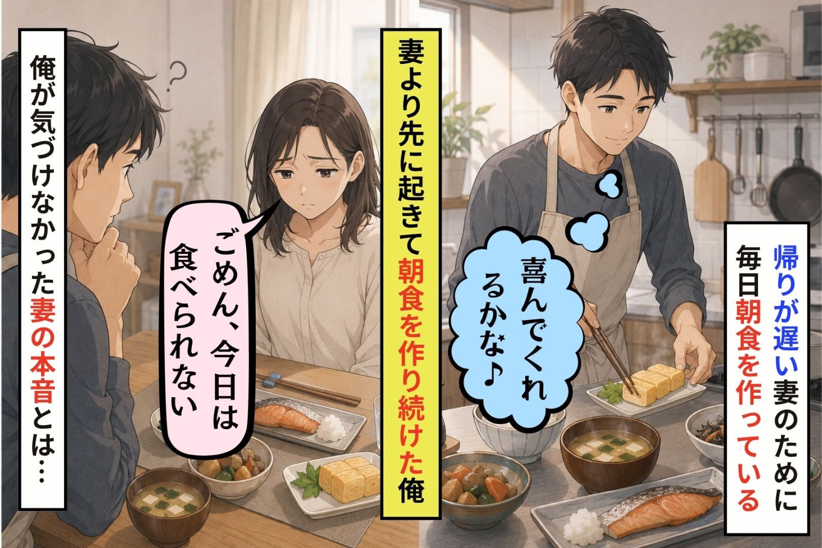 妻より先に起きて朝食を作り続けた俺が、手つかずの皿の前で気付いたこと