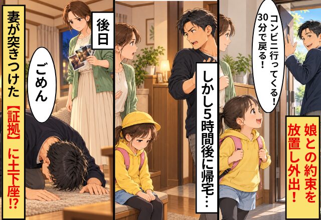 夫「30分で戻る！」娘との約束を放置し5時間外出！「疑うのかよ」と逆ギレするが⇒妻が突きつけた【証拠】に土下座！？