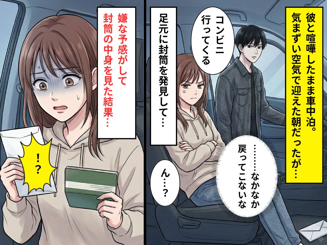 「コンビニ行ってくる」車になかなか戻らない彼？ふと足元を見た結果⇒【衝撃の真相】が発覚し…彼女「別れよう」