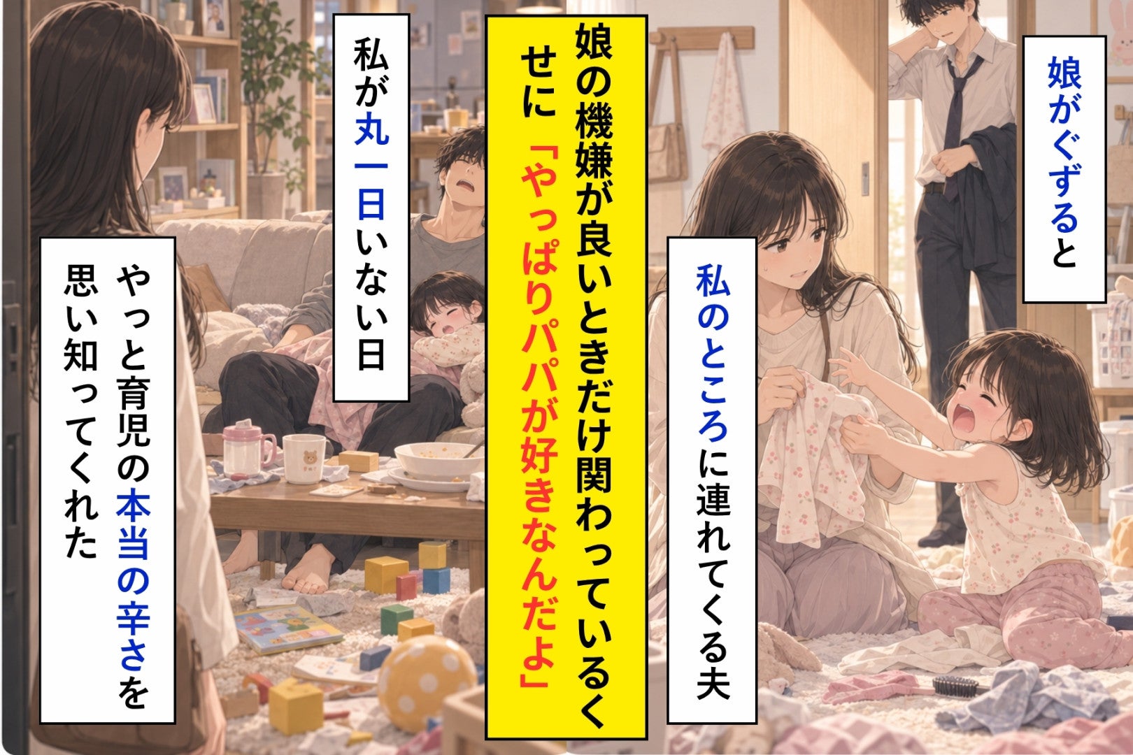 おむつも寝かしつけも私任せの夫→娘に「パパだいすき」と言われ得意げな彼に、私が返した一言