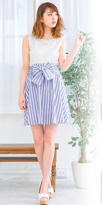 全3color！ウエストリボンストライプフレアスカートドッキングノースリーブワンピース「神戸レタス」2990円（税込）