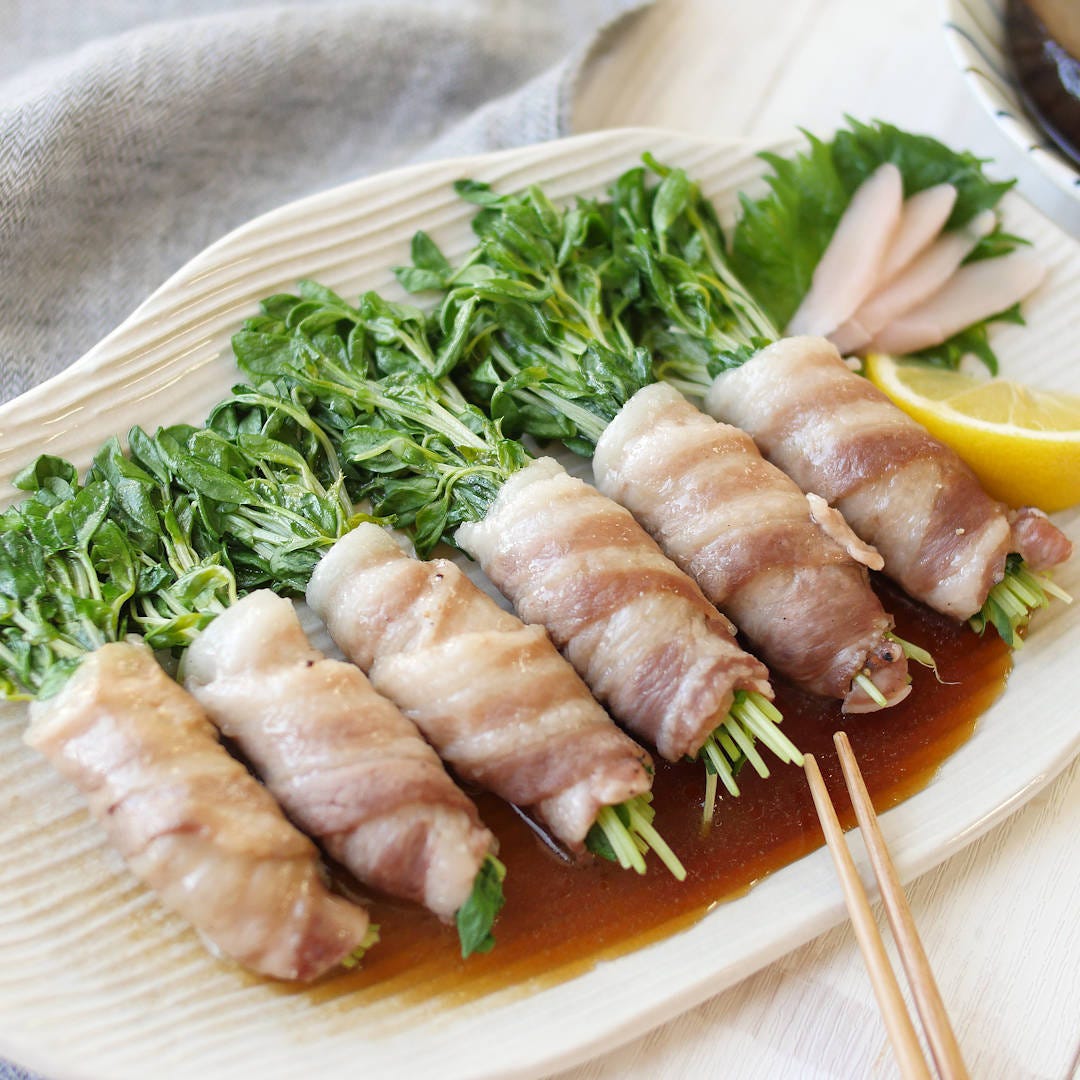 バタポンでこってり「豆苗の肉巻き」