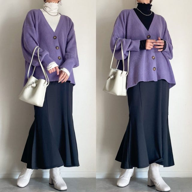 GU　リブ　タートルネックT　コーデ　カラーカーディガン　インナー