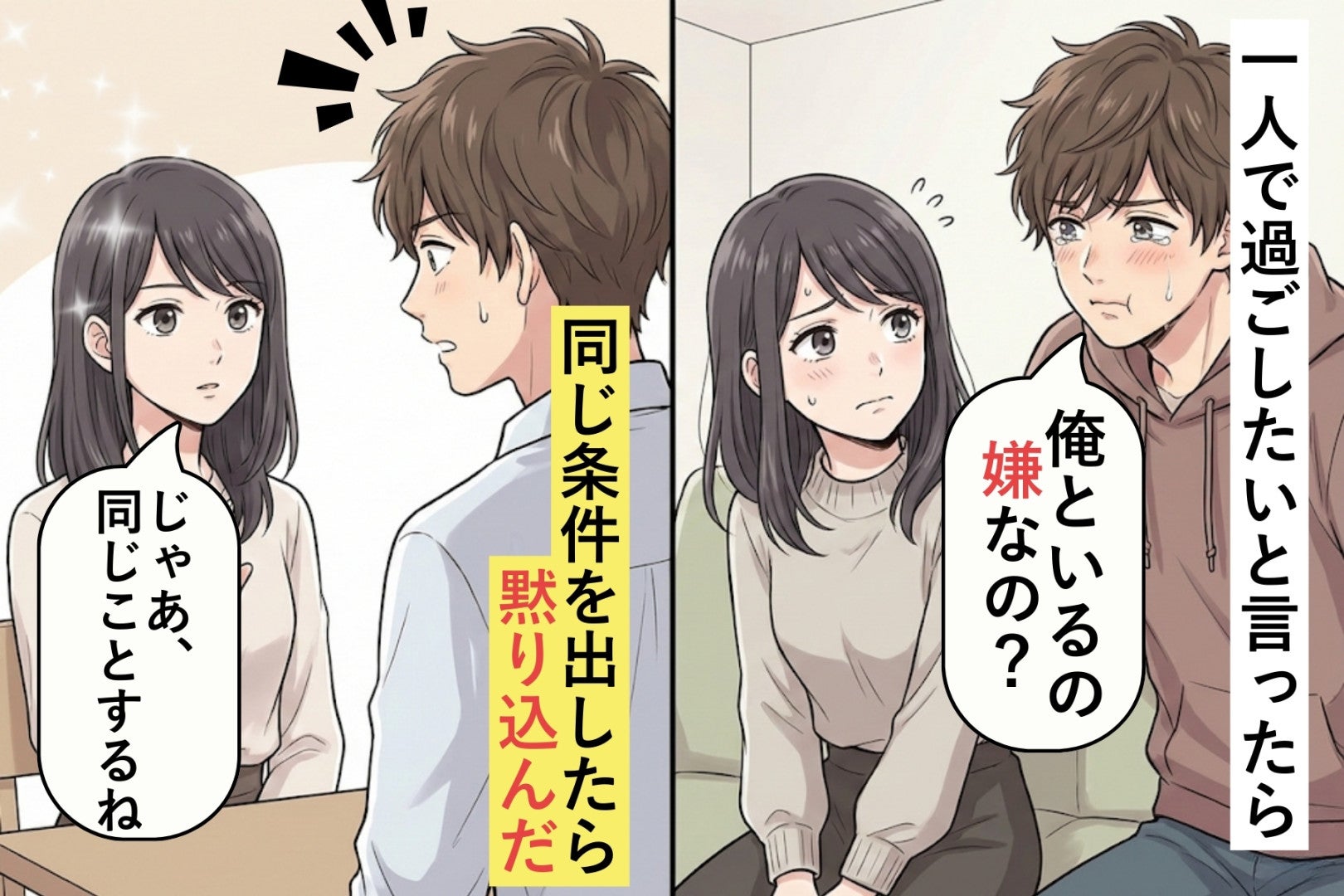 休日に一人で過ごしたいと言ったら「俺といるの嫌なの？」と拗ねる彼氏→同じ条件を出したら黙り込んだ