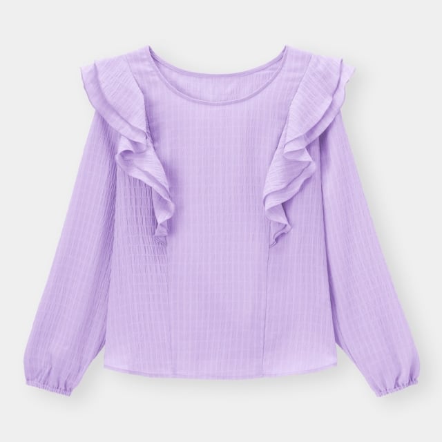 くすみパープルのフリルブラウス