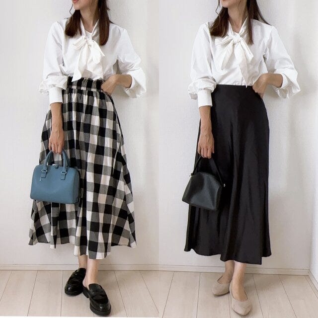 ビッグボウタイブラウス　スカートコーデ