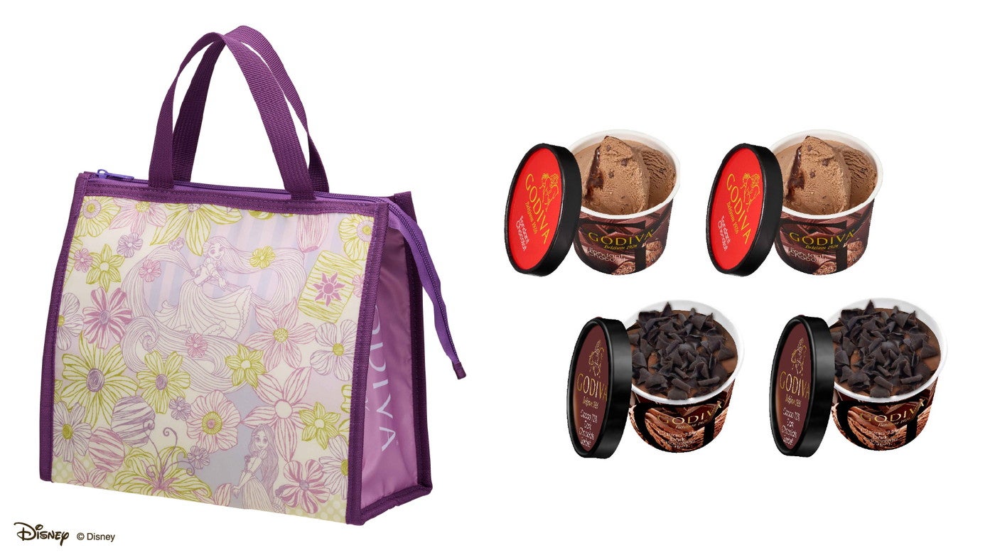 120ml カップアイスクリーム4個 + ＜ラプンツェル＞ 保冷バッグセット2,700円※ゴディバ オンラインショップ3,564円（C）Disney