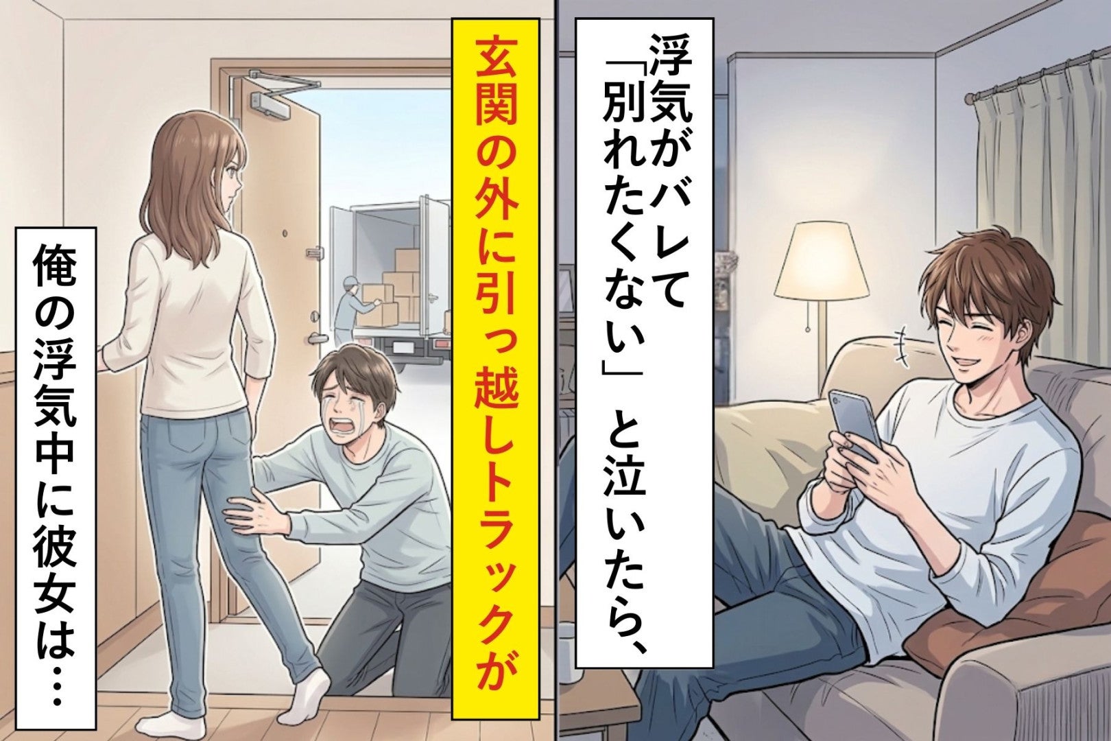 浮気がバレて「別れたくない」と泣いたら、玄関の外に引っ越しトラックがいた→彼女「2週間前から知ってたよ」