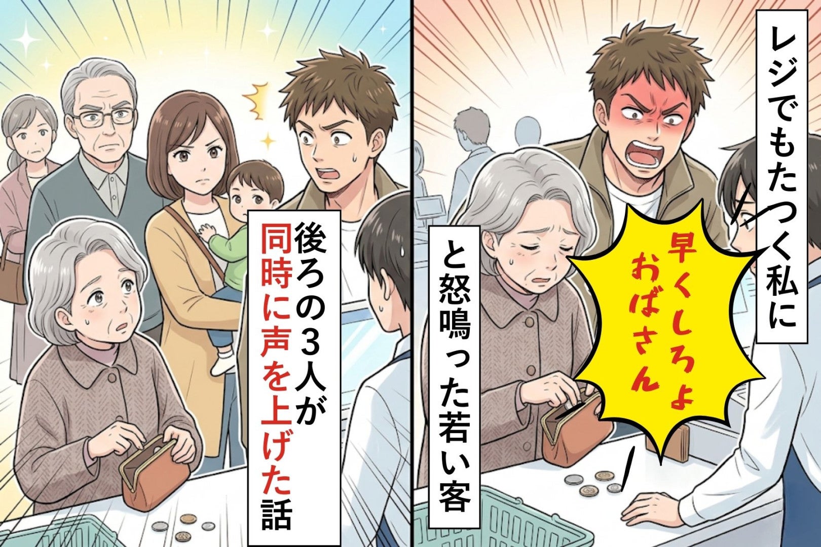 レジでもたつく私に「早くしろよおばさん」と怒鳴った若い客→後ろの３人が同時に声を上げた話