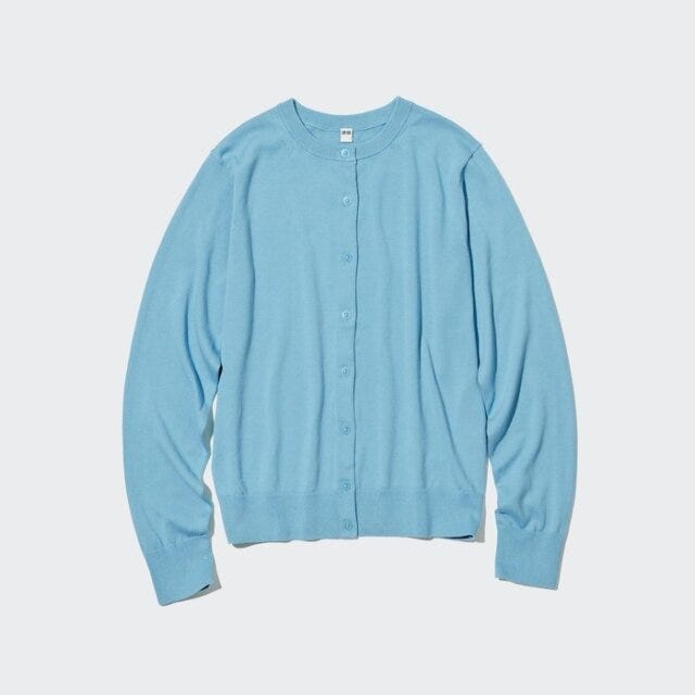 ユニクロ　uniqlo　レディース　おすすめ　オススメ　コスパ　2023　紫外線対策　暑さ対策　日よけ対策　UVカット　紫外線カット　人気アイテム　人気　夏　トップス　カーディガン　カーデ　冷房対策　寒さ対策　ブルー　UVカットクルーネックカーディガン　クルーネック